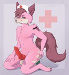 anal animal_genitalia animal_penis anthro balls butt butt_grab canine_genitalia canine_penis clothing dildo genitals hand_on_butt headgear headwear kneeling knot looking_at_viewer male nurse_clothing nurse_headwear penis pink_body red_cross red_eyes riding_dildo sex_toy solo laserkitten rex_(rexthenurse) canid canine mammal absurd_res hi_res