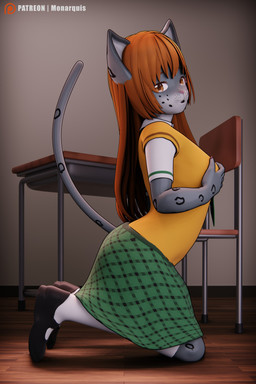 anthro blush bottomwear classroom clothed clothing female hair long_socks looking_at_viewer necktie pattern_bottomwear pattern_clothing pattern_skirt pink_clothing plaid plaid_bottomwear plaid_clothing plaid_skirt red_hair school school_uniform sensual_cat shirt simple_background skirt solo student tail thick_thighs thin_calves thin_tail topwear uniform white_clothing white_shirt white_topwear monarquis momo_(monarquis) felid mammal pantherine snow_leopard 3d_(artwork) absurd_res digital_media_(artwork) hi_res