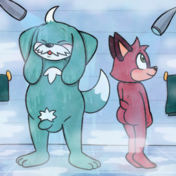 anthro balls bathing belly big_butt blue_body blue_fur blush brown_body brown_fur butt chest_tuft crotch_tuft dipstick_tail duo eyes_closed facial_hair facial_markings flaccid floppy_ears fur genitals green_eyes head_markings head_tuft male male/male markings mature_male mustache open_mouth overweight overweight_male penis red_body red_fur short_tail shower_head showering showering_together standing steam tail tail_markings towel tuft white_body white_fur nishi_oxnard sega sonic_the_hedgehog_(series) the_murder_of_sonic_the_hedgehog barry_(sonic) conductor_(sonic) canid canine canis domestic_dog macropod mammal marsupial quokka 1:1