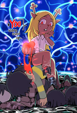 anthro backlighting blood bodily_fluids bottomwear brown_body brown_fur clothing emotionless eyelashes female freckled_face freckles fur hair heart_in_hand hooves horn light long_eyelashes long_hair looking_at_another red_eyes shirt sitting_on_another snowgrave text topwear 1her0 deltarune undertale_(series) noelle_holiday vessel_(deltarune) deer mammal hi_res lighting
