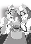 anthro bakery bow_tie cake clothing countershading dessert duo female food furniture hat headgear headwear holding_object inner_ear_fluff male open_mouth open_smile piping_bag shirt smile table tongue tongue_out topwear tuft reiser nintendo pokemon fan_character roflfox seraphine_(roflfox) braixen canid canine fox generation_6_pokemon mammal pokemon_(species) 2018 hi_res monochrome