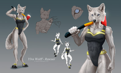 anthro axe black_clothing black_swimwear clothing female fur grey_background grey_body grey_fur holding_axe holding_object machine machine_reveal mechanical_iris simple_background solo swimwear text silgiriya_mantsugosi ylva_(butterfly-dragon) android canid canine canis mammal robot wolf 2020 english_text model_sheet
