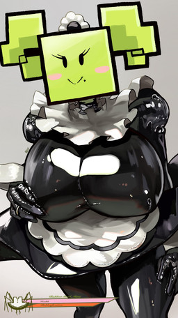 :> apron big_breasts black_eyes black_latex blush blush_stickers breasts clothed clothed_female clothed_humanoid clothing female female_humanoid gameplay_mechanics glistening glistening_latex green_body green_hair green_skin green_text grey_background gui hair health_bar huge_breasts latex latex_clothing maid_apron maid_headdress maid_uniform mole_under_eye nipple_outline not_furry pigtails pink_blush shirt_cuffs simple_background smile solo square_(anatomy) square_head text uniform white_apron white_clothing white_shirt_cuffs noblood mario_bros nintendo paper_mario mimi_(paper_mario) humanoid 2022 artist_name detailed digital_media_(artwork) hi_res shaded watermark