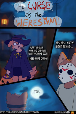 anthro candy clothed clothing costume dessert duo female food full_moon fur halloween_costume hat headgear headwear hockey_mask holidays jack-o'-lantern light male male/female mask moon moonlight night open_mouth simple_background sports_mask sportswear text title_card witch_costume witch_hat young young_anthro imprettynormai halloween erin_(imprettynormai) sam_(imprettynormai) canid canine mammal absurd_res hi_res brother_(lore) brother_and_sister_(lore) sibling_(lore) sister_(lore)