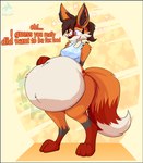 abdominal_bulge after_vore ambiguous_gender anthro anthro_pred belly belly_rub blue_border border breasts brown_hair clothing digestion digestion_noises eyelashes fatal_vore female female_pred food hair heart_symbol navel oral_vore ponytail smile soft_vore solo surprise tail topwear vore wide_hips willing_pred willing_prey els3d ferox_(feroxdoon) feroxdoon canid canine fox mammal red_fox true_fox absurd_res digital_media_(artwork) hi_res nonbinary_(lore)