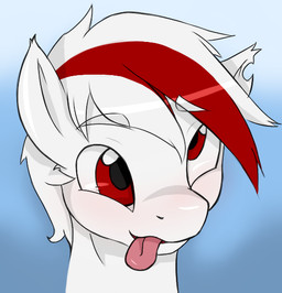 anthro eyebrows fur hair male multicolored_hair notched_ear pink_tongue raised_eyebrow red_eyes solo tongue tongue_out two_tone_hair white_body white_eyebrows white_fur white_hair pi9o equid equine horse mammal pony portrait