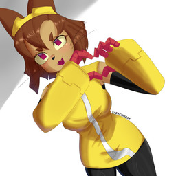 anthro brown_body brown_eyebrows brown_fur brown_hair clothed clothed_anthro clothed_female clothing dress eyebrows eyewear fangs female female_anthro fur gesture goggles hair heart_gesture looking_at_viewer open_mouth open_smile red_eyes robotic_arm smile smiling_at_viewer solo teeth yellow_clothing yellow_dress yellow_sclera sadxkingart gameoverse glitch_productions kit_bodega domestic_cat felid feline felis mammal 1:1 2026 absurd_res hi_res portrait three-quarter_portrait