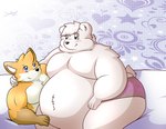 anthro bed belly belly_fluff blush clothed clothing cuddling duo fur furniture hair hand_on_neck male male/male moobs muscular muscular_anthro obese obese_anthro obese_male orange_body orange_fur orange_hair overweight overweight_anthro overweight_male pink_clothing pink_underwear puffed_cheeks underwear underwear_only white_body white_fur white_hair zac_(soft_fantaises) ziul_husky echo_(calahootheyeen) bear canid canine fox mammal polar_bear ursine hi_res