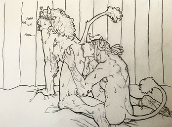 anal anklet anthro arm_tuft armpit_hair back_muscles backsack balls big_breasts bodily_fluids body_hair breasts butt butt_grab dreadlocks duo elbow_tuft feet female female_rimming female_rimming_gynomorph genitals grabbing_sheets gynomorph gynomorph/female hand_on_butt heart_symbol horn humanoid_feet intersex intersex/female jewelry mane muscular muscular_female oral plantigrade rimming rimming_gynomorph sex sweat sweatdrop tail text tuft vein veiny_arms veiny_muscles elderflowerhex aurora_(makoyino) juniper_(makoyino) bison bovid bovine buffalo felid lion mammal pantherine absurd_res hi_res trans_(lore) trans_woman_(lore)