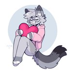 anthro bottomless bottomless_male clothed clothing dipstick_ears dipstick_fingers dipstick_tail dipstick_toes ear_markings eyes_closed eyewear femboy fur glasses grey_body hair heart_pillow hoodie hug hugging_object hugging_pillow male markings multicolored_ears pillow pink_clothing pink_hoodie pink_topwear simple_background smile solo spots tail tail_markings teeth topwear fleurfurr nixuelle domestic_cat egyptian_mau felid feline felis mammal digital_media_(artwork) hi_res