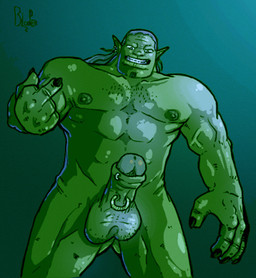 balls ear_piercing erection foreskin foreskin_piercing frenum_piercing genital_piercing genitals gesture gradient_background green_background hand_gesture humanoid_genitalia humanoid_penis humanoid_pointy_ears looking_at_viewer male middle_finger muscular muscular_humanoid muscular_male nipples not_furry partially_retracted_foreskin penis penis_piercing piercing pointy_ears simple_background solo teeth tusks blooper_(artist) humanoid orc low_res