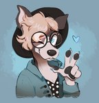 anthro eyewear female gesture glasses hand_gesture looking_at_viewer one_eye_closed solo v_sign wink winking_at_viewer olive_cow jackie_(jackiepup) canid canine canis domestic_dog husky mammal mixed_breed nordic_sled_dog pit_bull spitz hi_res