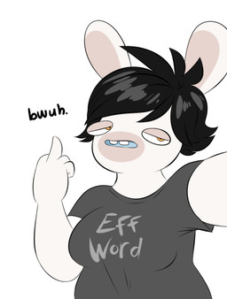 5_fingers alternate_species anthro bangs bent_arm black_hair blue_tongue breasts buckteeth clothing dialogue female female_anthro fingers fur gesture grey_clothing grey_shirt grey_t-shirt grey_topwear hair half-closed_eyes hand_gesture light long_ears middle_finger multicolored_body narrowed_eyes no_eyebrows noseless open_mouth orange_eyes rabbidification shirt short_hair simple_background solo t-shirt taking_picture taking_selfie tan_body tan_eyelids tan_inner_ear tan_skin teeth text text_on_clothing text_on_shirt text_on_topwear tongue topwear two_tone_body white_background white_body white_fur dullvivid raving_rabbids rayman_(series) ubisoft lara_ravencroft lagomorph mammal rabbid 2018 colored digital_drawing_(artwork) digital_media_(artwork) english_description english_text half-length_portrait hi_res lighting portrait