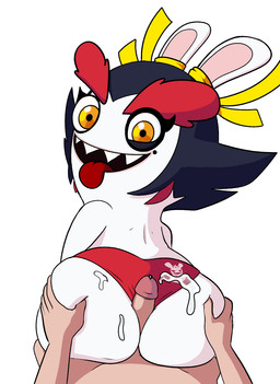 anthro big_butt black_eyeshadow black_hair bodily_fluids butt butt_grab clothed clothing cum cum_on_butt duo eyebrows eyelashes eyeshadow female first_person_view fur genital_fluids genitals hair hand_on_butt hot_dogging looking_at_viewer looking_back looking_back_at_viewer makeup male male/female mole_under_eye open_mouth open_smile panties panties_only penis red_clothing red_panties red_underwear sex sharp_teeth simple_background smile tan_body tan_skin teeth thick_eyebrows tongue tongue_out topless underwear underwear_only white_background white_body white_fur wide_hips yellow_eyes impstripe raving_rabbids rayman_(series) ubisoft kanya_(mario_plus_rabbids) human lagomorph leporid mammal rabbid rabbit hi_res
