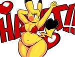 absurd_res anthro anthrofied belly bikini blackmore breasts cleavage clothed clothing cosplay_pikachu_(character) female generation_1_pokemon hi_res navel nin10doh! nintendo pikachu pokemon pokemon_(species) pokemorph slightly_chubby solo suggestive_pose swimwear two-piece_swimsuit