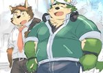 anthro belly brown_body brown_fur duo electronics fur green_body green_fur headphones headphones_around_neck kemono kerchief male necktie obese obese_anthro obese_male overweight overweight_anthro overweight_male ayame42612 syoubu426 lifewonders live_a_hero dog_operator mokdai protagonist_(live_a_hero) canid canine canis domestic_dog mammal 2021