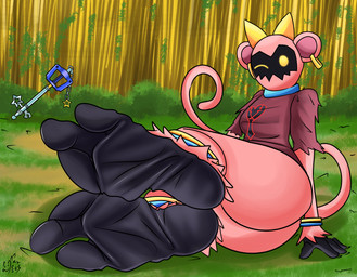 3_toes anthro black_feet black_hands butt ear_piercing ear_ring feet female foot_fetish foot_focus forest fur heartless_symbol humanoid_feet jungle keyblade lying melee_weapon monkey_tail mouthless on_side one_eye_closed piercing pink_body pink_fur plant plantigrade ring_piercing shadow_face solo teasing_with_feet toes tree weapon wink wrinkled_feet wrinkles marcosos kingdom_hearts square_enix bouncywild haplorhine heartless mammal monkey primate shadow_creature absurd_res hi_res shaded