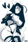 2019 ahoge anthro areola armwear bedroom_eyes big_areola big_breasts big_nipples black_clothing black_hair black_nose blush bondage_gear breasts bridal_gauntlets cat_tail clothed clothing domestic_cat elbow_gloves erect_nipples eyebrows eyelashes eyeliner fangs felid feline felis female fingerless_gloves front_view fur glistening glistening_breasts glistening_clothing gloves grey_areola grey_eyes grey_nipples hair half-closed_eyes handwear heart_symbol hi_res katherine_(sem-l-grim) legwear lightsource lingerie long_hair long_tail looking_at_viewer makeup mammal mascara narrowed_eyes navel nipples panties partially_clothed pivoted_ears pointy_ears portrait presenting presenting_breasts prick_ears seductive signature simple_background skimpy small_waist smile solo standing tail teeth thick_thighs thigh_highs three-quarter_portrait torn_clothing underwear white_background white_body white_fur white_tail wide_hips