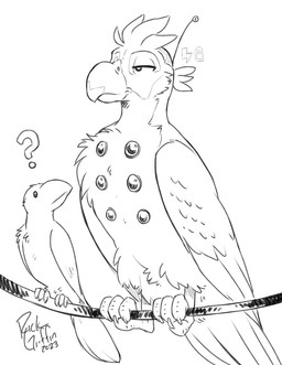 ambiguous_gender battery beak camera duo feathers feet feral half-closed_eyes machine narrowed_eyes one_eye_obstructed power_line question_mark radio_antenna tail tail_feathers talons toes wings rick_griffin avian robot 2023 hi_res monochrome sketch