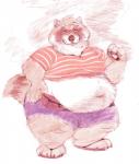 ambiguous_gender anthro belly big_belly blue_eyes blush brown_body brown_fur chubby_cheeks claws clothing drugs fur marijuana midriff navel obese obese_ambiguous obese_anthro overweight overweight_ambiguous overweight_anthro simple_background smoking solo standing toe_claws whiskers white_background yellow_sclera berlin mammal procyonid raccoon 2018