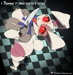 anthro big_breasts big_butt breasts butt clothing costume female high-angle_view holding_knife holding_object huge_breasts knife licking_knife long_ears looking_at_viewer looking_up looking_up_at_viewer nipples red_eyes seam_(sewing) short_tail solo tail text thick_thighs whiskers berrypunchz five_nights_at_freddy's scottgames vanny_(fnaf) lagomorph leporid mammal rabbit 2025 digital_media_(artwork) english_text