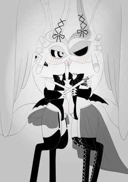 anthro antlers belly belly_frottage biped black_sclera bodily_fluids chest_tuft digitigrade duo eye_contact female female/female fingernails fluffy fluffy_tail french_kissing head_wings heart_pupils heart_symbol horn hug huge_wings hugging_another kissing looking_at_another multicolored_eyes nails neck_tuft pregnant pregnant_female pupils saliva saliva_on_tongue saliva_string side_view simple_background tail tongue tongue_out tuft unusual_wing_placement white_background wings womb_tattoo ahab_null kirby_(series) nintendo chaos_elfilis fecto_elfilis alien chinchillid mammal rodent starling_(kirby) 2022 absurd_res digital_drawing_(artwork) digital_media_(artwork) greyscale hi_res japanese_description monochrome