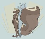 anthro big_tail blue_background brown_body brown_fur choker duo flirting flustered fur green_eyes jewelry looking_back male male/male necklace nude_anthro nude_male rear_view simple_background tail tail_between_legs touching_tail vanillayote vanilla_(vanillayote) mammal mephitid skunk