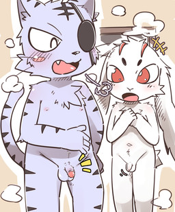 5_fingers anthro balls blue_body blue_fur circumcised duo eye_patch eye_patch_only eyes_closed eyewear fangs fingers flaccid fur genitals happy male nipples nude_male open_mouth penis red_eyes steam surprised tail teeth tongue white_body white_fur young young_anthro young_male suimatsu bemani konami pop'n_music kagetora_(pop'n_music) raizou_(pop'n_music) felid lagomorph leporid mammal pantherine rabbit tiger 2026 hi_res japanese_description