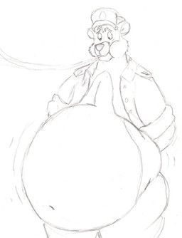 anthro belly belly_expansion belly_inflation big_belly bottomless cheek_bulge clothed clothing expansion eyebrows hands_behind_back hose hose_in_mouth hose_inflation inflation jacket looking_at_belly looking_down looking_down_at_self male motion_lines navel open_clothing open_shirt open_topwear overweight overweight_anthro overweight_male shirt simple_background thick_thighs topwear white_background worried artistllavawolf lavawolf disney talespin the_jungle_book baloo bear mammal sloth_bear ursine graphite_(artwork) traditional_media_(artwork)