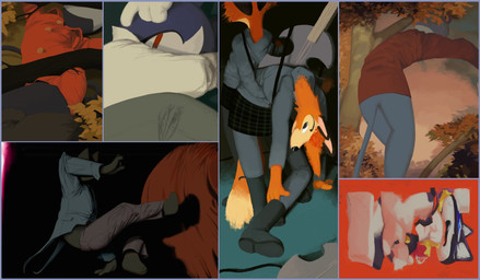 abstract_art anthro barefoot biped black_body black_fur blue_body blue_fur boots bottomless bottomwear clothed clothing coat collared_shirt countershading dress_shirt duo electric_guitar feet female fluffy fluffy_tail footwear fur fur_markings guitar leaf legwear looking_at_viewer looking_back lying male markings musical_instrument nature obscured_face orange_body orange_fur pants partially_clothed paws plant plucked_string_instrument pose shirt shoes skirt sky solo stockings string_instrument tail tailcoat topwear topwear_only tree white_body white_fur qs75834 animal_crossing atlus megami_tensei nintendo persona_(series) persona_5 sega morgana_(persona) rover_(animal_crossing) canid canine felid feline fox mammal digital_media_(artwork) multiple_images