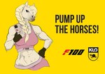 abs advertisement anthro blonde_hair bottomwear bra braided_hair breasts cellphone clothing electronics female fingerless_gloves gloves hair hand_on_hip handwear lips looking_at_viewer muscular muscular_anthro muscular_female phone pouting shorts simple_background smartphone solo sports_bra underwear yellow_background dewclawpaw equid equine horse mammal