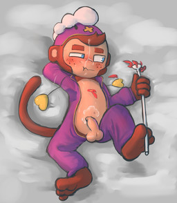 anthro balloon_fetish blue_eyes blush blush_lines bodily_fluids clothing cum cum_on_face cum_string foreskin freckled_face freckles genital_fluids genitals grey_background humanoid_genitalia humanoid_penis lying male monkey_tail musk on_back onesie penis popped_balloon post_nut_clarity simple_background solo stick sweat sweat_stain sweaty_armpit tail young young_anthro young_male badipoki bloons_tower_defense ninja_kiwi nintendo pokemon dart_monkey_(bloons) drifloon generation_4_pokemon haplorhine mammal monkey pokemon_(species) primate absurd_res hi_res