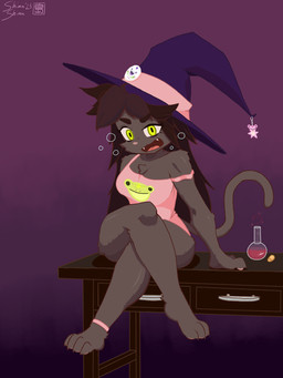 anthro barefoot brown_hair bubble clothed clothing crossed_legs desk drunk drunk_bubble feet female fur furniture gradient_background green_eyes grey_body grey_fur hair hat headgear headwear looking_at_viewer open_mouth potion simple_background sitting smile solo substance_intoxication table witch_hat shimashima domestic_cat felid feline felis mammal 3:4 hi_res