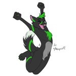 anthro black_body black_fur eyes_closed fur happy jumping male simple_background solo tail kittix canid canine fox mammal 1:1 2024 digital_drawing_(artwork) digital_media_(artwork) hi_res portrait