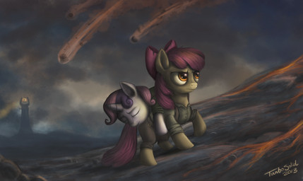 cosplay duo eyes_closed female turbosolid friendship_is_magic hasbro j._r._r._tolkien middle-earth_(tolkien) my_little_pony the_lord_of_the_rings apple_bloom_(mlp) frodo_baggins samwise_gamgee sauron_(tolkien) sweetie_belle_(mlp) equid equine horse mammal pony 2013 dated hi_res