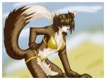 anthro bikini biped border brown_body brown_fur clothed clothing female fur green_eyes hair kneeling looking_at_viewer short_hair solo standing swimwear two-piece_swimsuit white_body white_border white_fur koshkio cerra canid canine canis domestic_dog mammal wolf absurd_res hi_res