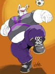 5_fingers anthro ball belly belly_peeking_out belt belt_buckle big_muscles big_pecs bottomwear buckle bulge clothing exclamation_point exposed_belly fingers footwear fur grey_clothing grey_nose grey_shirt grey_topwear hair juggling male musclegut muscular muscular_anthro muscular_male navel on_one_leg open_mouth orange_background overweight overweight_anthro overweight_male pants pecs pink_tongue purple_belt purple_bottomwear purple_clothing purple_pants shirt shoes simple_background soccer_ball solo standing thick_thighs tongue topwear white_belly white_body white_fur white_hair white_hands deadanthro nintendo pokemon generation_8_pokemon pokemon_(species) scorbunny 2022 hi_res signature