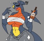 abs anthro beer_bottle big_breasts black_sclera blue_body blue_scales bottle bottomwear breasts bubble chest_wraps clothing container curvy_figure drunk drunk_bubble female front_view gills midriff muscular muscular_anthro muscular_female pants red_body red_scales scales sharp_teeth simple_background solo spikes substance_intoxication tail teeth thick_tail wide_hips wraps activeajames mythology nintendo pokemon tamara_(activeajames) dragon garchomp generation_4_pokemon mythological_creature mythological_scalie pokemon_(species) scalie