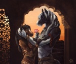 anthro arabian archway clothed clothing detailed_background duo evening female filigree flower male plant romantic romantic_ambiance romantic_couple topless window blotch equid equine horse mammal