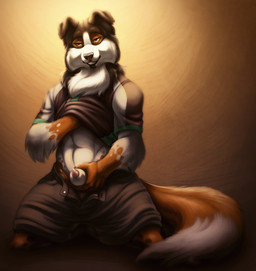 abs animal_genitalia anthro biped black_nose bottomwear clothed clothing clothing_lift detached_sheath dipstick_tail feeling_up_self front_view fur genitals gloves_(marking) holding_own_sheath holding_sheath kneeling male markings multicolored_body multicolored_fur multicolored_tail neck_tuft open_bottomwear open_clothing open_pants pants partially_clothed penis penis_tip presenting_penis_tip sheath sheath_poking_out sheath_through_fly shirt shirt_lift shorts simple_background smile solo tail tail_markings topwear tuft unzipped yellow_eyes zipper neodokuro karcenogen canid canine canis collie domestic_dog herding_dog mammal pastoral_dog sheepdog digital_media_(artwork) hi_res