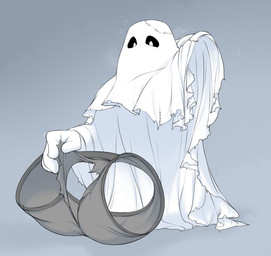 ambiguous_gender bedsheet_ghost black_sclera bottomwear butt clothed clothing fingers grey_background grey_clothing grey_underwear hand_behind_head heart_symbol invisible looking_at_viewer not_furry pupils simple_background sitting solo spread_legs spreading torn_bottomwear torn_clothing torn_underwear underwear white_pupils iriedono ghost humanoid spirit 2020