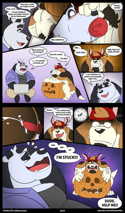 amused amusement anthro anthro_on_anthro anthro_penetrated anthro_penetrating anthro_penetrating_anthro arm_hair aroused aroused_by_another aroused_face aroused_male aroused_onlooker aroused_smile backwards_baseball_cap backwards_cap backwards_hat barefoot baseball_cap beard biceps big_muscles big_pecs black_beard black_body black_eyebrows black_facial_hair black_fur black_pubes blush blush_lines bodily_fluids body_hair bottomwear breath brown_body brown_fur claws clenched_teeth clothing cocky cocky_grin computer crouching cum cum_drip cum_dripping_from_penis cum_from_penis cum_in_pumpkin cum_inside cum_on_own_penis cum_on_penis cum_on_self cum_spurt cumming_from_penetration cumshot deep_throat delinquent dialogue dirty_talk dripping ejaculating_while_penetrating ejaculation ejaculation_while_penetrating electronics embarrassed embarrassed_expression embarrassed_male eyebrows facial_hair feet fellatio fellatio_request flirting flirting_look food fruit fur genital_fluids genitals grey_clothing grey_shirt grey_topwear grin grinning_at_partner hat hat_only headgear headgear_only headwear headwear_only holding_laptop holding_pumpkin humping internal jack-o'-lantern jacket jock knot knotted_penis knotting laptop laptop_on_lap laugh laughing_at_another licking looking_pleasured male male/male male_penetrated male_penetrating manly masturbation mostly_nude mostly_nude_anthro mostly_nude_male multicolored_body multicolored_fur muscular muscular_anthro muscular_male nipples oral oral_penetration oral_request orgasm orgasm_face panting pants pecs penetrating_pumpkin penetration penile penile_masturbation penile_penetration penis penis_in_mouth penis_lick plant profanity pubes pumpkin pumpkin_fucking pumpkin_masturbation purple_clothing purple_jacket purple_topwear red_baseball_cap red_cap red_clothing red_hat red_headwear requesting rough_masturbation saliva saliva_drip saliva_on_penis sex sex_request shirt smile speech_bubble surprised surprised_eyes surprised_face surprised_look teasing teasing_partner teeth text thick_arms thick_eyebrows thrusting thrusting_forward tongue topwear white_body white_fur yellow_bottomwear yellow_clothing yellow_pants ethancostas cody_luis ethan_costas_(character) beagle bear canid canine canis domestic_dog giant_panda hunting_dog mammal scent_hound comic english_text hi_res