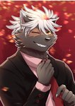 anthro biped black_clothing black_jacket black_topwear clothed clothing dress_shirt fur grey_body grey_fur grin hair jacket looking_at_viewer male necktie one_eye_closed red_eyes shirt smile solo suit topwear white_hair wink chuurow lifewonders tokyo_afterschool_summoners tadatomo_(tas) canid canine canis domestic_dog mammal absurd_res hi_res