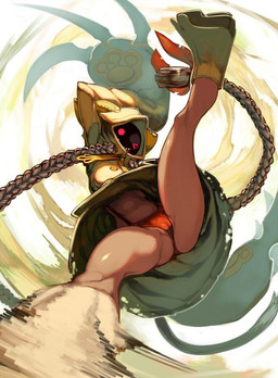 action_pose attack bottomwear braided_hair braided_pigtails brown_body brown_skin cat_tail clothed clothing empty_eyes female furgonomics hair hood low-angle_view motion_blur one_eye_closed pigtails pose red_eyes shadow_face skirt smile solo upskirt wink worm's-eye_view opanthulove arc_system_works blazblue taokaka animal_humanoid cat_humanoid felid felid_humanoid feline feline_humanoid humanoid kaka_(blazblue) mammal mammal_humanoid 2015 digital_media_(artwork)