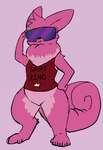 anthro buckteeth clothing curling_tail eyewear fur male neck_tuft pink_body pink_fur shirt simple_background solo stained_fur sunglasses tail teeth topwear tuft frostedscales the_nature_of_predators fan_character leltin_(fever_dream) alien dossur_(the_nature_of_predators) mammal rodent