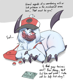 3_fingers 3_toes after_transformation ahoge arm_spikes bag blush blush_lines bodily_fluids chest_tuft claws clothing elbow_spikes eyewear feet female feral fingers fur gender_transformation glasses hair hat headgear headwear horn implied_transformation kemono looking_at_viewer lying on_ground open_mouth pokeball pokemon_speak pupils red_eyes round_glasses simple_background solo spikes spikes_(anatomy) sweat sweatdrop tail text toes transformation tuft white_body white_fur white_pupils snepause nintendo pokemon shen_(snepause) absol generation_3_pokemon mammal pokemon_(species) english_text trans_(lore) trans_woman_(lore)