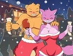 anthro breasts celebration christmas_clothing cleavage clothed clothing duo female fur happy holidays male pink_body pink_fur slight_blush snow snowing topless topless_male bluebirdoasis christmas artemis_(bluebirdoasis) goliath_(bluebirdoasis) bear canid canine canis mammal wolf absurd_res comic hi_res