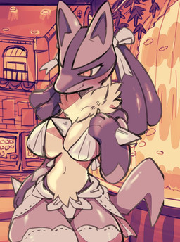 anthro bottomwear bow_ribbon bra breasts clothing female inside pants small_waist smile solo thick_thighs underwear wide_hips oposa nintendo pokemon generation_4_pokemon lucario pokemon_(species)