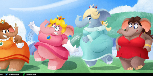 after_transformation anthro belly big_belly big_butt bottomless butt clenched_teeth clothed clothing dress female food frown fruit grin group implied_transformation legume looking_at_own_butt looking_at_self nut_(fruit) overweight overweight_anthro overweight_female peanut_(food) plant presenting presenting_hindquarters sad smile species_transformation teeth text transformation weight_gain lolwutburger mario_bros nintendo super_mario_bros_wonder super_mario_galaxy elephant_daisy elephant_pauline elephant_peach elephant_rosalina mayor_pauline princess_daisy princess_peach rosalina_(mario) elephant elephantid mammal proboscidean 2023 absurd_res hi_res url
