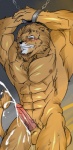 2013 abs anthro athletic balls biceps big_muscles big_penis biped blush bodily_fluids bound brown_body brown_fur brown_hair chest_tuft clenched_teeth cum cum_on_balls cum_on_penis cum_string cumshot drooling ejaculation erection eyes_closed fangs felid flexing fur genital_fluids genitals hair hentist hi_res leaking lion male mammal messy muscular muscular_anthro muscular_male nipples nude orgasm pantherine pecs penis pose presenting saliva shishimaru_genjurou solo submissive submissive_male teeth tuft vein white_hair